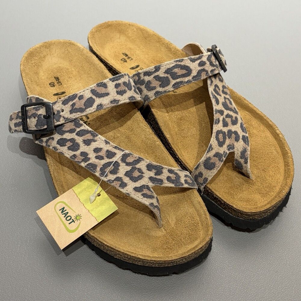 Naot Tahoe Women's EU 40 US 9 Cheetah Print Suede Toe-Loop Slide Sandals Buckle